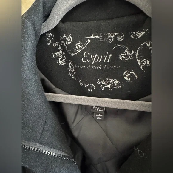 Y2K ESPRIT Wool Coat Black Peacoat for Women Vintage Black Jacket Sz L - Picture 3 of 11